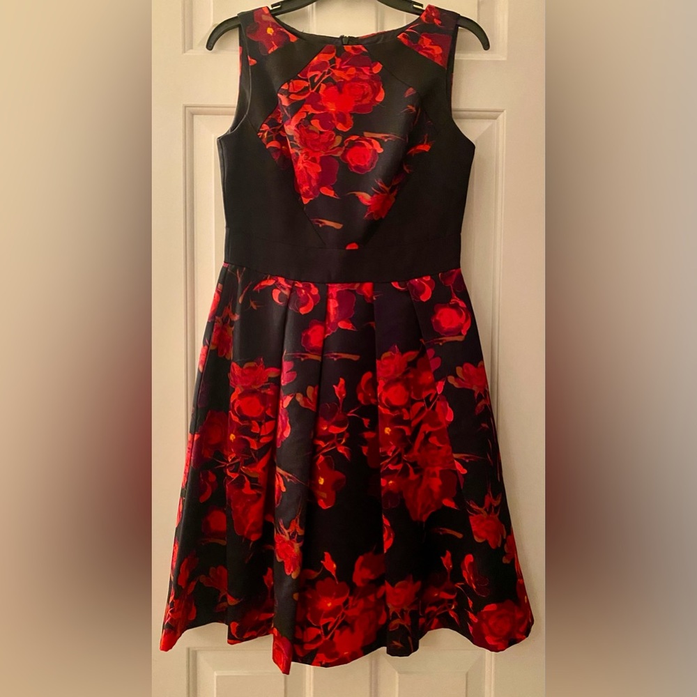 Taylor Red & Black Floral Fit & Flare Dress, Size 4